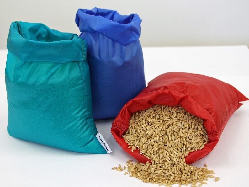 Bulk bin food bags Reusable ripstop nylon bags 3 x MEDIUM Blue, Red, Turquoise zerowaste shopping for nuts, grains, rice, snacks image 3