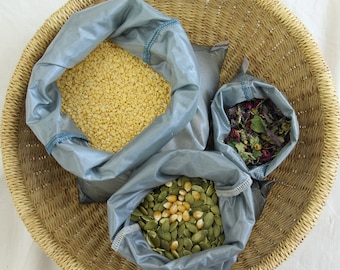 Reusable food bags - Bulk bin shopping - THREE - Small, Medium, Large - SILVER GREY -  Zerowaste lightweight ripstop nylon - grains, nuts