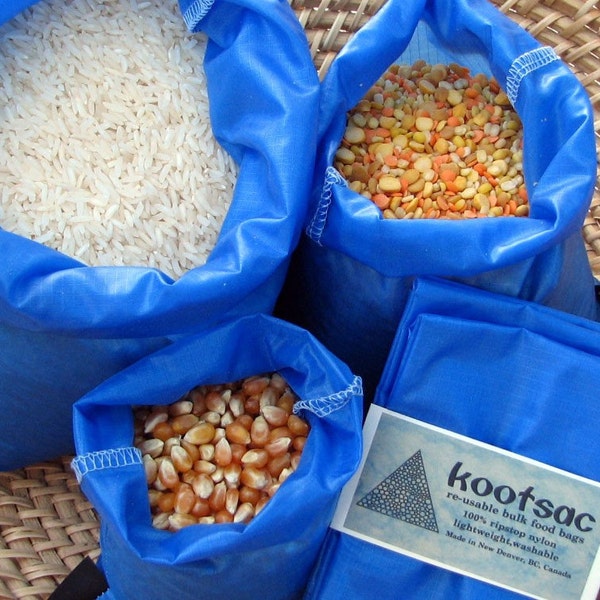 Reusable ripstop nylon food bags - 3 x BLUE - Small, Medium, Large - Bulk bin shopping, zerowaste kitchen - grains, spices, snacks, cereal