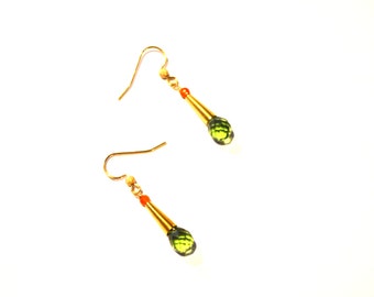 Peridot Earrings Gold Green Orange Carnelian Gemstones Brass Cone Triangle Minimalist Geometric Modern Style Black Owned Business Shop