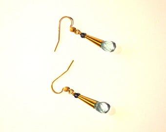 Gold Blue Earrings Aquamarine Boho Anthropologie Tanzanite Gemstones Brass Cone Triangle Minimalist Geometric Modern Black Owned Business