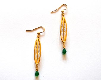 Green Gold Earrings Cage Onyx Emerald Vermeil Cage Avant Garde Gemstones 14k Filled Jewelry Geometric Minimalist Modern Black Owned Business