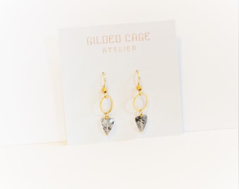 Gold Arrow Earrings 14K Gold Filled Black Rutilated Quartz Geometric Boho Style Anthropologie Style Black Owned Business Shop