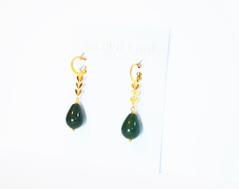 Green Gold Earrings Onyx Tear Drop Cut Gemstone Chevron Anthropologie Style Black Owned Shop Afro American Owned Business