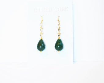 Green Gold Earrings Onyx Chain Tear Drop Good Luck Gemstone Healing Stone Anthropologie Style Black Owned Shop Afro American Owned Business