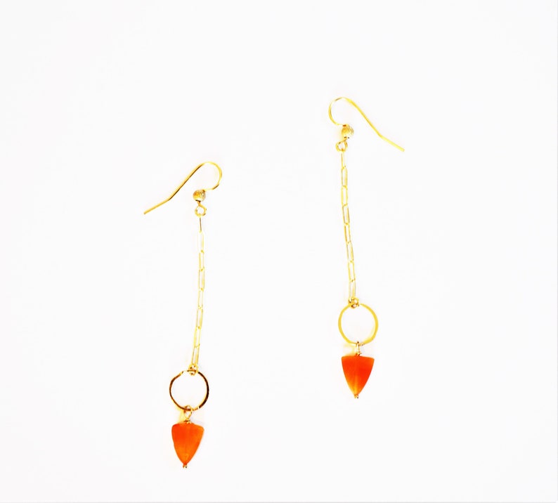 Gold Arrow Earrings 14K Gold Carnelian Gemstone Geometric Orange Boho Style Bohemian Healing Stone Black Owned Business Shop