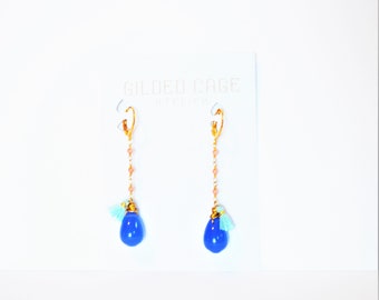 Cobalt Blue Earrings Gold Coral Chalcedony Gemstone Tassel Anthropologie Style Black Owned Business Shop