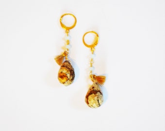 Tiger Eye Earrings Gold Tassel Blue Brown Drop Cut Boho Anthropologie Style Black Owned Business Shop