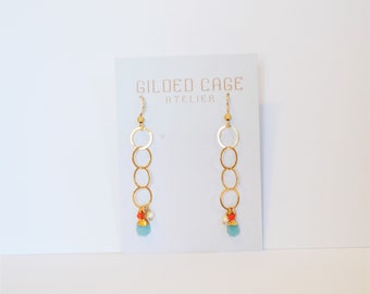 Geode Turquoise Earrings Geometric 14K Gold Blue Circle Chalcedony Carnelian Gemstone Raw Orange Freshwater Pearls Black Owned Business Shop