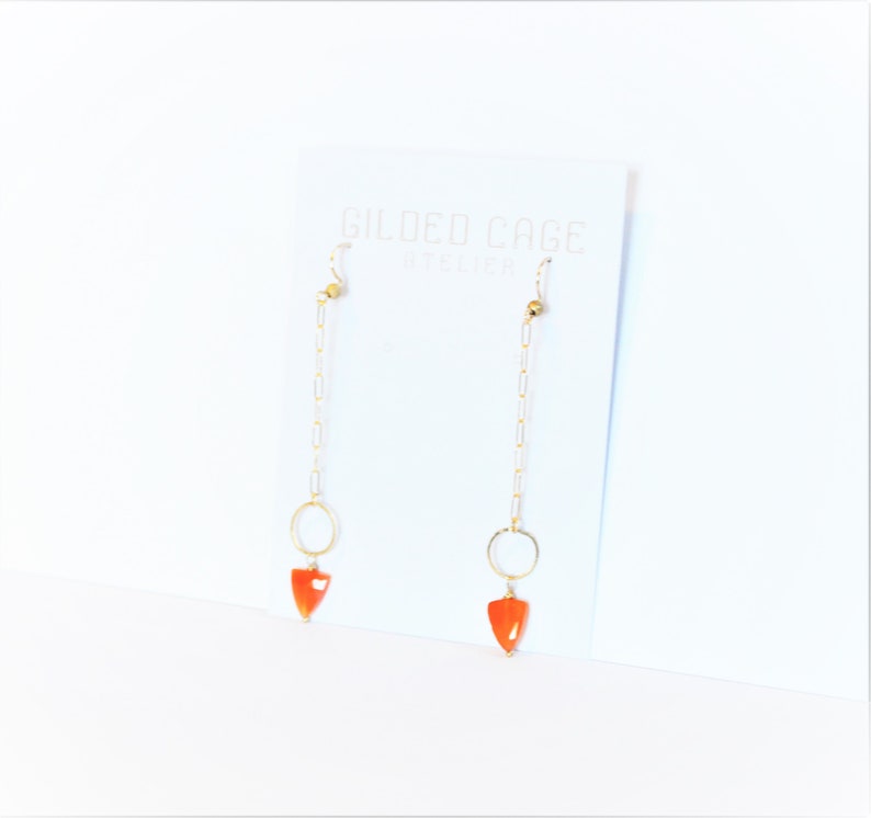 Gold Arrow Earrings 14K Gold Carnelian Gemstone Geometric Orange Boho Style Bohemian Healing Stone Black Owned Business Shop