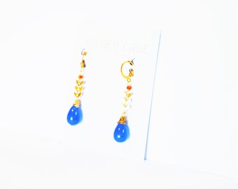 Periwinkle Blue Gold Earrings Tear Drop Cut Chalcedony Carnelian Gemstone Boho Chevron Orange Anthropologie Style Black Owned Business Shop