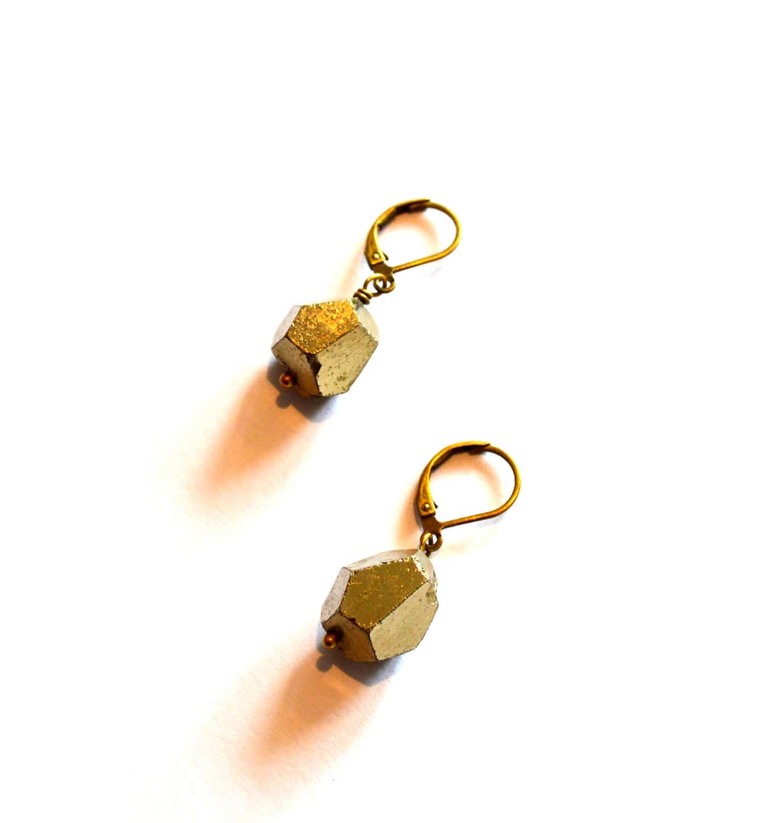 Gold Nugget Earrings Small Pyrite Geode Boho Bohemian Etsy