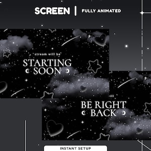 Puede incluir: Superposiciones de pantalla animadas en blanco y negro con un tema de cielo estrellado. Se muestran los textos "STARTING SOON" y "BE RIGHT BACK". Incluye formas de corazón y estrella, y estrellas fugaces.