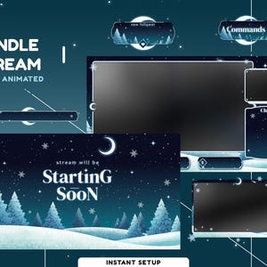 Puede incluir: Un paquete de superposición de transmisión digital con un tema invernal. El diseño presenta un fondo azul oscuro con estrellas blancas, una luna creciente y árboles cubiertos de nieve. El texto incluye "BUNDLE STREAM FULLY ANIMATED" y "Starting Soon".