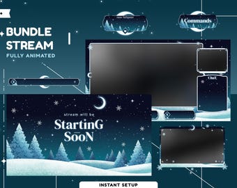 Puede incluir: Un paquete de superposición de transmisión digital con un tema invernal. El diseño presenta un fondo azul oscuro con estrellas blancas, una luna creciente y árboles cubiertos de nieve. El texto incluye "BUNDLE STREAM FULLY ANIMATED" y "Starting Soon".