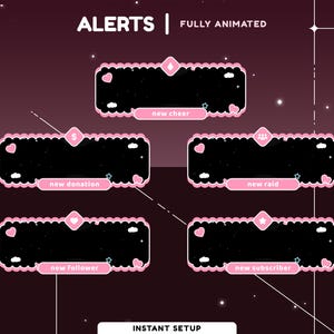 Paket med animerade strömvarningar med midnattsspets, rosa-svarta varningar, spetskantöverlägg, hjärtformad himmelvarning, stjärnklara mjuka moln, natthimmelöverlägg