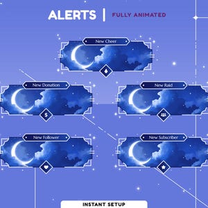 May include: A digital graphic with the word "ALERTS" and "FULLY ANIMATED" in purple text. The image features five animated alert boxes with a crescent moon and cloud design. Each box has a different label, such as "New Donation" and "New Follower".