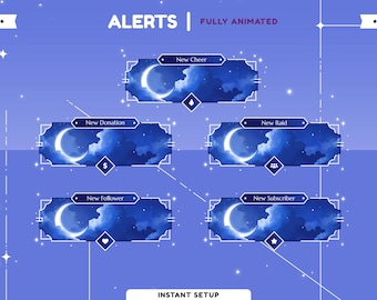 Midnight Serenity, Moon Night Stream Alerts Pack for Twitch, Animated Twitch Alerts Overlay, Crescent Moon Alert Bundle, OBS Streamlabs