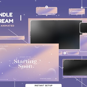 May include: A purple and pink animated stream overlay with a starry night sky background. The overlay includes a starting soon screen, a chat box, a command box, and a new follower notification. The text "BUNDLE STREAM FULLY ANIMATED" is at the top of the overlay.