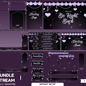 May include: A digital stream overlay bundle featuring a dark purple and black gradient theme with hanging light purple scalloped borders, heart-shaped ornaments, and sparkling stars. Includes text elements like Starting Soon, Be Right Back, and Chat.