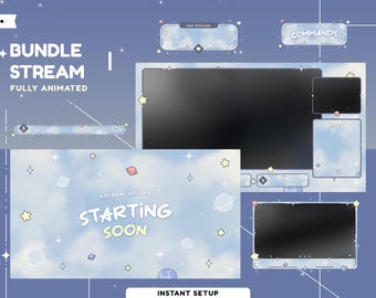 Planet Whispers Animated Overlay Package, Cute Twitch Overlay, Pastel Vtuber Overlay, Star Space Theme Overlay, Blue Planet Galaxy Theme