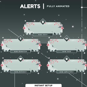 Japan Serenity Animated Stream Alert Package, Japan Theme Vtuber Overlay Alert, Dark Calm Color, Falling Cherry Blossom, Gray Pink Sakura