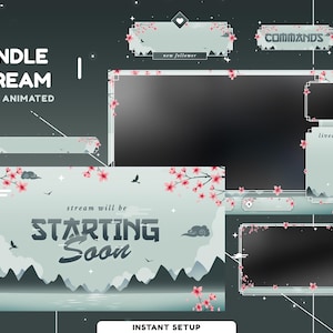 Japan Serenity Animated Overlay Package, Japan Theme Vtuber Overlay, Calm Color, Falling Cherry Blossom, Pink Twitch Overlay, Alert, Panel