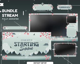 Japan Serenity Animated Overlay Package, Japan Theme Vtuber Overlay, Calm Color, Falling Cherry Blossom, Pink Twitch Overlay, Alert, Panel