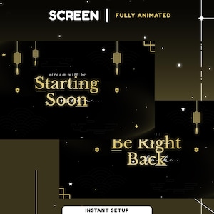 Golden Lantern Animated Stream Screen, Celestial Theme Vtuber Overlay, Dark Color Black Lantern, Scene Overlay, Starting, BRB, Ending Twitch