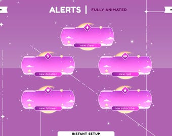 Twinkle Night Animated Stream Alert Package, Pink Purple Overlay, Moon And Stars Overlay, Starry Night Overlay, Animated Stream Alert Design