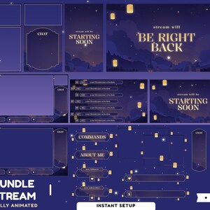 May include: A digital stream overlay bundle with a night sky theme. The design includes chat boxes, stream alerts, and screens that say "Starting Soon" and "Be Right Back". The color palette is dark blue and gold, with floating lanterns.
