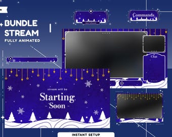Puede incluir: Un paquete de superposición digital para streaming, con un tema invernal, un fondo azul oscuro y copos de nieve blancos. El diseño incluye elementos animados, el texto "BUNDLE STREAM FULLY ANIMATED" y "Starting Soon", y varios elementos de interfaz.