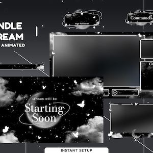 Puede incluir: Un paquete de transmisión animada en blanco y negro con un tema celestial. El diseño incluye una pantalla de "Starting Soon", cuadros de chat y una notificación de "nuevo seguidor". También son visibles las palabras "BUNDLE STREAM FULLY ANIMATED".