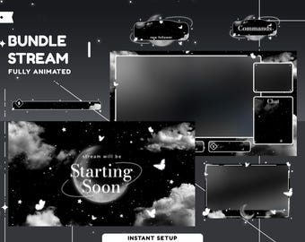 Starglint Animated Stream Overlay Package for Twitch, Night Sky Overlay, Butterfly Vtuber Overlay, Black White Overlay, Aesthetic Stream Set