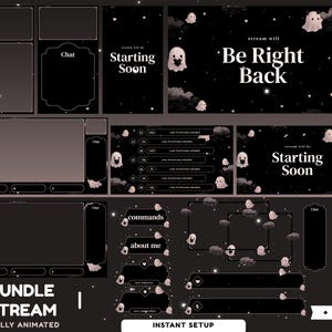 Könnte beinhalten: Ein digitales Streaming-Overlay-Paket mit schwarzem Hintergrund, weißen Sternen, Wolken und kleinen Geisterillustrationen. Enthält Bildschirme mit dem Text Starting Soon und Be Right Back sowie Chat-Boxen, Zeitplan-Panels und Infobanner.