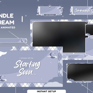 Puede incluir: Una superposición de transmisión de Twitch animada en morado y blanco con un patrón a cuadros, nubes, estrellas y una luna creciente. El texto "Bundle Stream Fully Animated" está en la parte superior de la superposición. El texto "stream will be Starting Soon..." está en el centro de la superposición. El texto "Instant Setup" está en la parte inferior de la superposición.