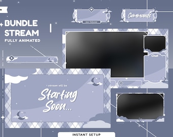 Cloudy Reverie Animated Overlay Package for Twitch,Youtube, Overlay Gray Kawaii, Pastel Overlay, Moon Cloud Sky, Whimsical Overlay, Label