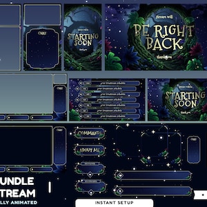 May include: A digital stream overlay bundle featuring a dark forest theme with glowing elements. Includes screens with text such as BE RIGHT BACK, STARTING SOON, and COMMANDS, alongside various frames, chat boxes, and schedule panels in deep blue tones.