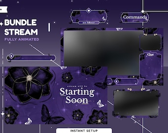 Pacchetto di sovrapposizione di streaming animato Nocturne Flora per Twitch, Youtube Kick, sovrapposizione di streaming Dark Fantasy, Midnight Garden Twitch, natura surreale