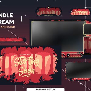 Może przedstawiać: Animowany nakładkowy interfejs strumieniowania Twitch z motywem czerwonego i czarnego lasu. Nakładka zawiera ekran z informacją o zbliżającym się starcie, okno czatu, powiadomienie o nowym obserwatorze i listę poleceń. Tekst "BUNDLE STREAM FULLY ANIMATED" znajduje się w górnej części nakładki.
