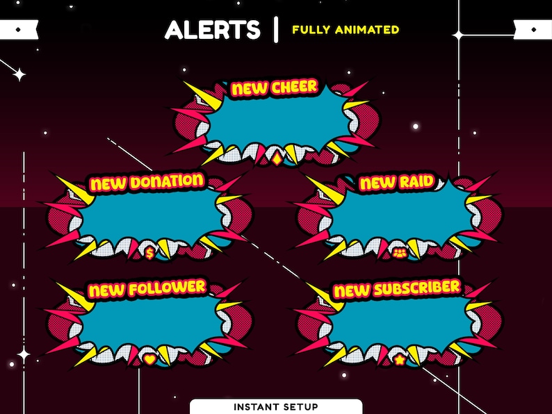 Pop Art Animated Stream Alert Overlay Package for Twitch, Youtube, Kick ...