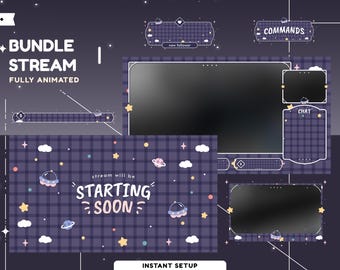 Cloudy Stars Animated Stream Overlay Package for Twitch, Space Overlay, Pastel Cloud , Star Twitch, Plaid Overlay Design, Checkered Overlay