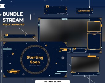 Pacchetto di sovrapposizioni animate Celestial Harmony, sovrapposizione minimalista per Twitch, design in modalità scura per sovrapposizioni di streaming, tema cielo notturno, colore blu navy e oro