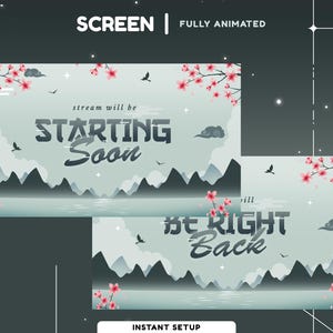 Japan Serenity Animated Stream Screen, Japan Theme Vtuber Overlay, Dark Calm Color, Falling Cherry Blossom, Gray Pink Sakura Twitch Overlay