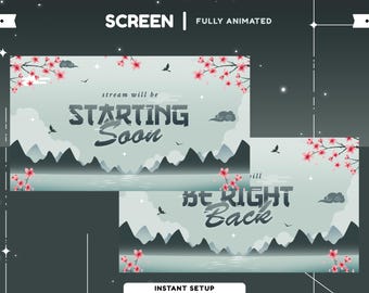Japan Serenity Animated Stream Screen, Japan Theme Vtuber Overlay, Dark Calm Color, Falling Cherry Blossom, Gray Pink Sakura Twitch Overlay