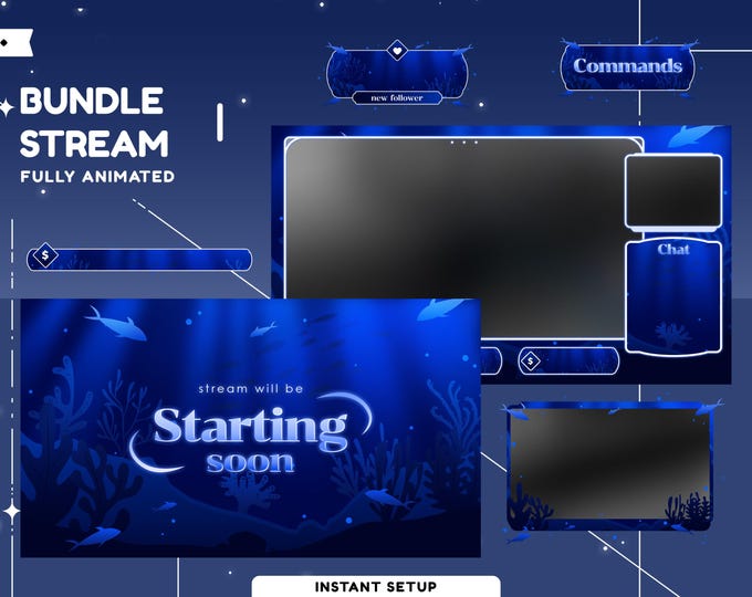 Under Sea Ocean Blue Animated Stream Overlay Package for Twitch OBS ...