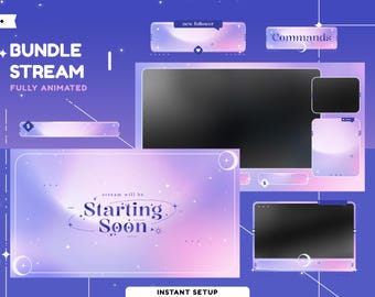 May include: A purple and pink animated Twitch stream overlay with a starry night sky background. The overlay includes a "Starting Soon" banner, a "New Follower" alert, a "Commands" alert, and a donation bar. The text "Instant Setup" is at the bottom of the overlay.