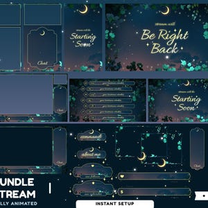 May include: A digital streaming overlay bundle with a celestial theme. The design features a dark blue and gold color scheme with crescent moons, stars, and floral accents. Text includes "Starting Soon," "Be Right Back," and various chat and command labels.