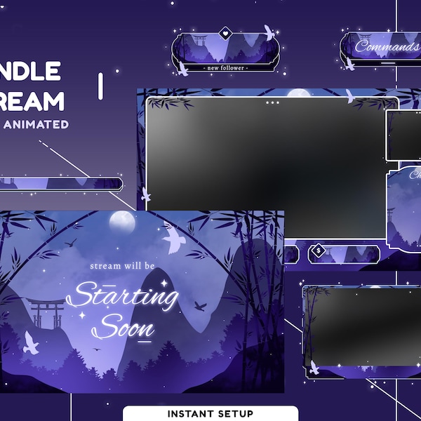 Moonlit Bamboo Animated Stream Overlay Package for Twitch, Bamboo Forest Art, Japan Style Overlay, Night Flight Birds, Moon Overlay