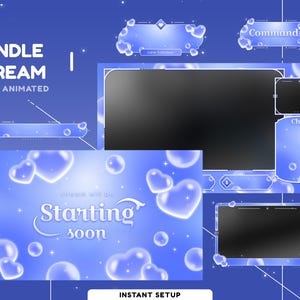 Peut inclure: Un ensemble de flux animé bleu et blanc sur le thème des bulles. La conception comprend des superpositions pour le chat, les commandes et les nouveaux abonnés, ainsi qu'un écran "Starting soon". Les mots "Bundle Stream Fully Animated" sont affichés.